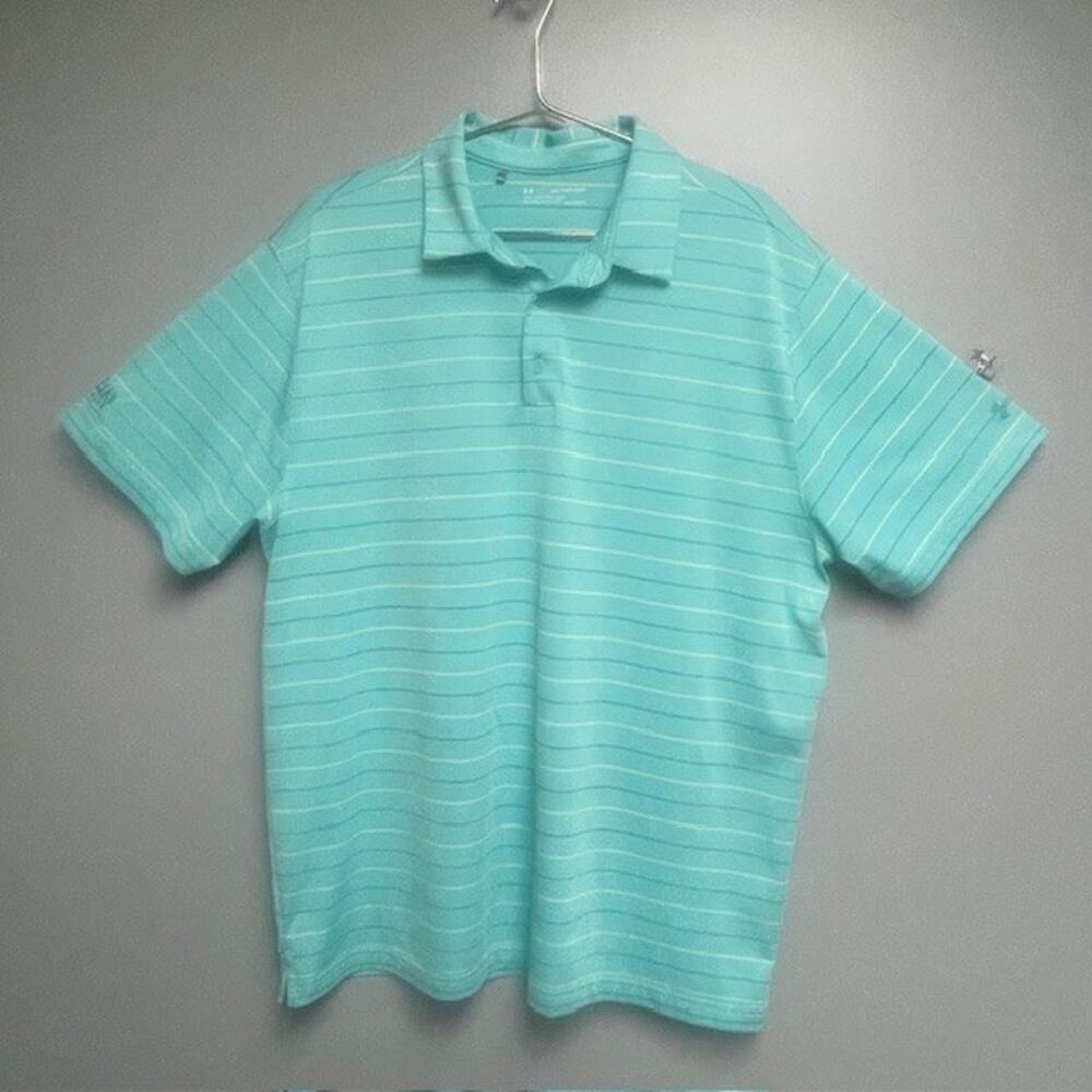 Under Armour Loose Fit Heat Gear yellow teal Striped Men's Polo Shirt - Size 2XL